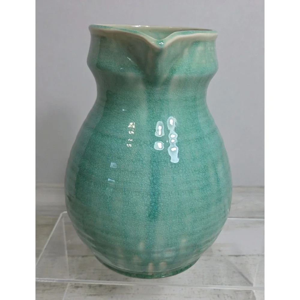 JARS France Tourron Jade Green Crackle Glaze Stoneware Ceramic Pitcher Jug 56oz
